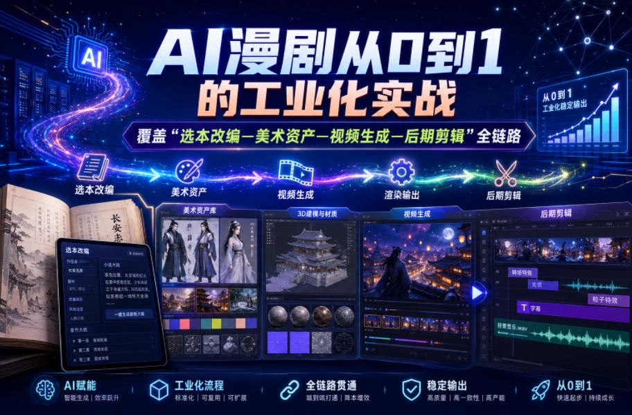 AI漫剧从0到1的工业化实战，覆盖“选本改编—美术资产—视频生成—后期剪辑”全链路课程 - 夸克网盘 资源封面图